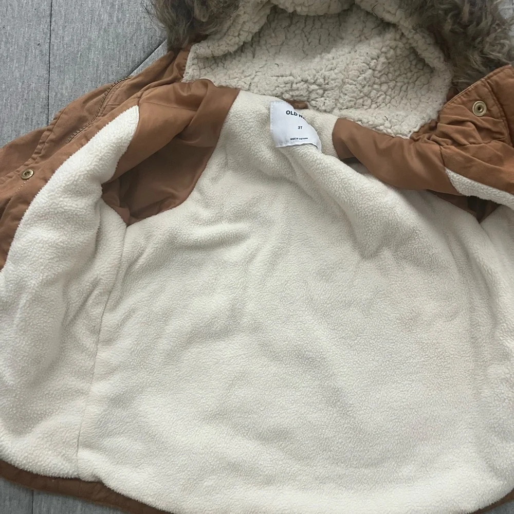 Old Navy Kids Tan Parka Jacket with Faux Fur Hood